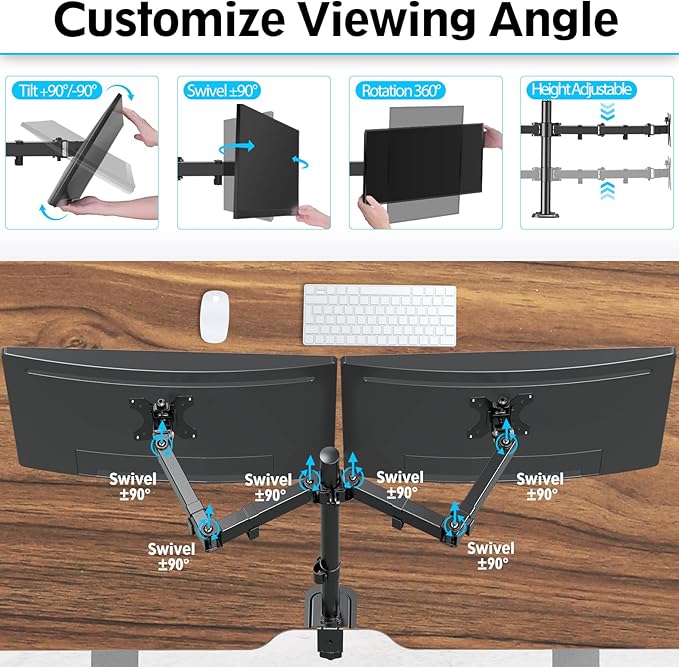 MOUNTUP Dual Monitor Desk Mount, Max 32 Inch up to 17.6lbs, Fully Adjustable Dual Monitor Arm for 2 LCD Screens, Double Monitor Stand with C-Clamp and Grommet Base