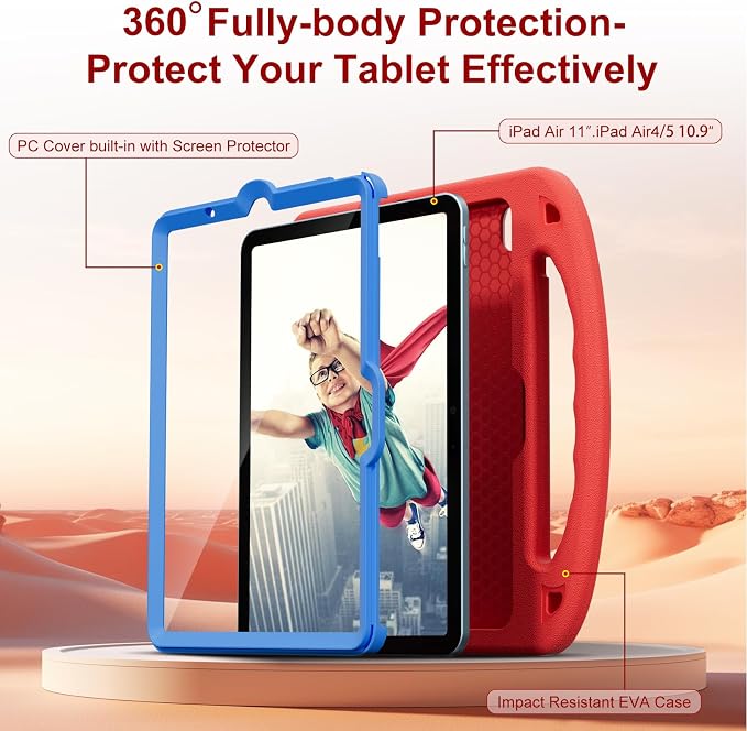 Kids Case for iPad Air 11-Inch (M4/M3/M2 2026/2025/2024) | iPad Air 5th Gen (2022) / 4th Gen (2020) 10.9 Shockproof Cover with Built-in Screen Protector and Stand (Black+Blue)
