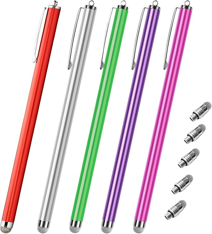 Extra Long Stylus pens for Touch Screens [5 Pack Fiber mesh Tips] Compatible for iPad iPhone Android Tablet Laptop Surface Chromebook High Sensitivity &amp Fine Point Capacitive Pen