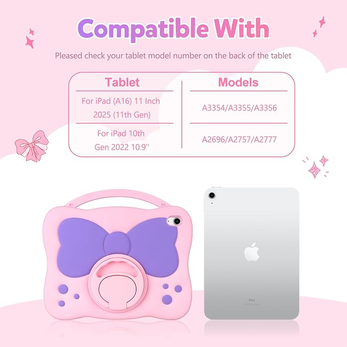 VOFUOE for iPad A16 Case Kids iPad 11th/10th Generation Case 11 Inch 2025 | Cute Bow Soft Silicone iPad 10th Cover 10.9 Inch 2022 for Girls Built-in Handle Rotatable Stand Pencil Holder-Pink Purple