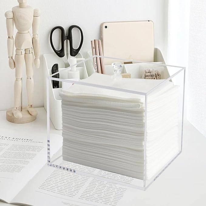 Face Towel Box, Acrylic Facial Disposable Towelettes Holder Container for XL Face Towels and Protects from Dust, Clear