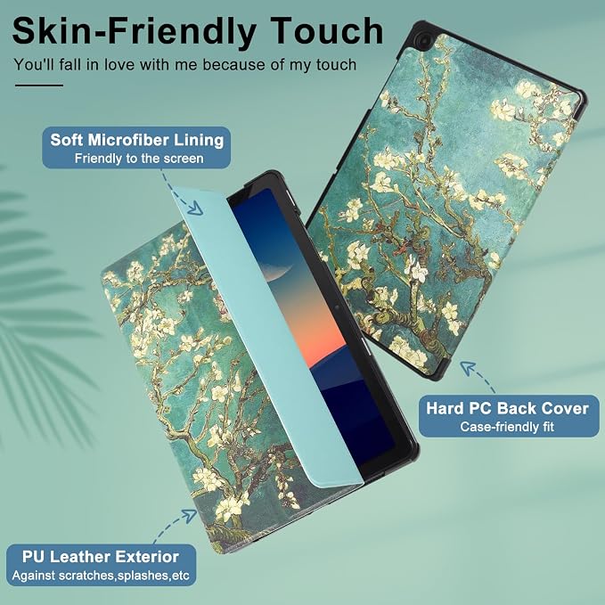 Caweet Case for Samsung Galaxy Tab A9+ / A9 Plus 11 Inch 2023 Ultra Slim Lightweight Hard Back Shell Tri-Fold Stand Cover with Atuo Sleep/Wake Almond Blossom