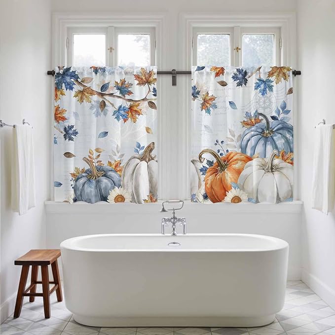 Fall Blue Maple Kitchen Curtains 54 Inch Long 2 Panel Set, Rod Pocket Window