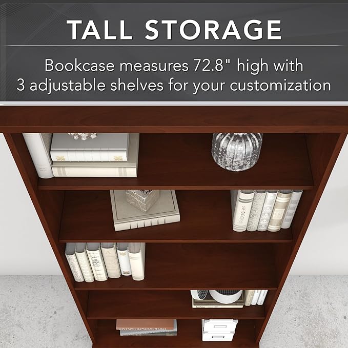 Bush Business Furniture Studio C Tall 5 Shelf Bookcase in Hansen Cherry, Large Bookshelf for Home or Professional Workplace Organization