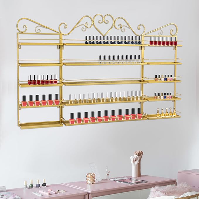 5 Tiers Wall-Mounted Nail Polish Storage Racks Metal Nail Polish Holder Cosmetic Display Case Lipstick Perfume Wall-mounted Shelf for Home Spa Nail Salon Shop