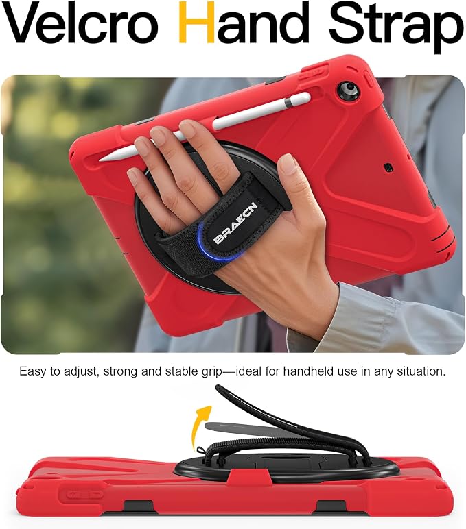 BRAECN Case for iPad 6th/5th Generation - 9.7 inch 2018/2017 Black | Protective Heavy Duty Shockproof Rugged Cover for Kids/Adults 360° Rotating Hand Strap/Stand &amp Detachable Shoulder Strap