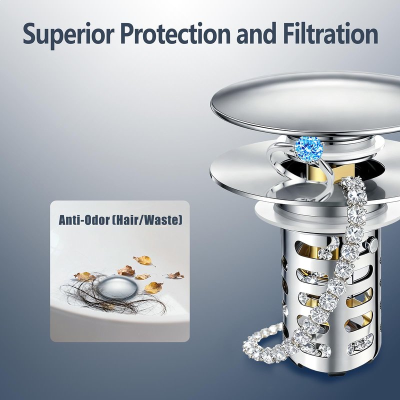 HUAERSICO Pop Up Bathroom Sink Stopper, Universal Bathroom Sink Drain Strainer with Hair Catcher, for 1.1"-2.17" Drains, Brass Core & Stainless Steel Mesh