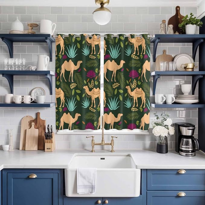 2 Panel Kitchen Cafe Curtains, Retro Desert Camel Sunlight Filtering Nature Air