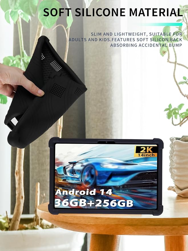 Case for TCL NXTPAPER 14/Callsky-Tech Ctab 14/BEYODFU A140 Tablet 14 inch，WUNIAK Shock Proof Lightweight Stand Rubber Shell Protective CoverKids Friendly Soft Silicone Adjustable Stand CoverBlack