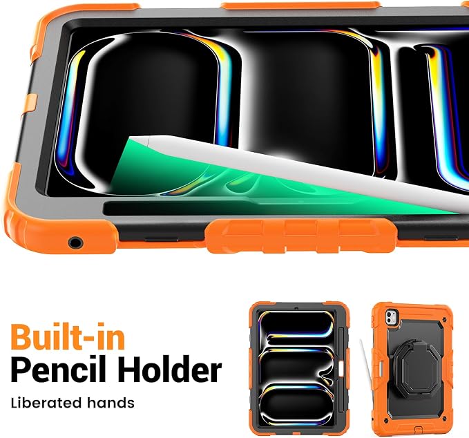 for iPad Pro 11 inch Protective Case M5 2025/M4 2024: Heavy Duty Shockproof Case with Pencil Holder - 360°Rotating Handle/Stand - Screen Protector - Shoulder Strap Black/Sky Blue