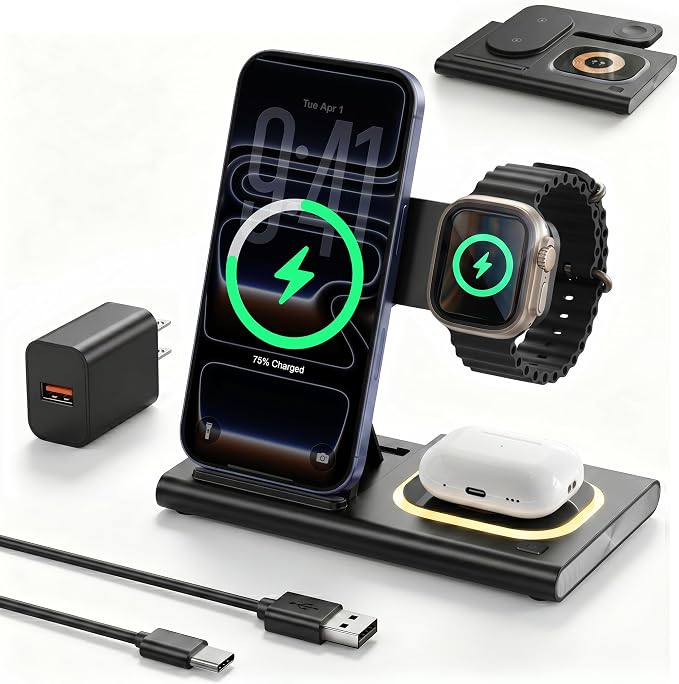3 in 1 Foldable Wireless Fast Charging Station for Apple Multiple Devices | iPhone Charging Station for iPhone 17 Travel iWatch Charger Stand Light Nightstand Charging Dock for Apple Watch/Airpods