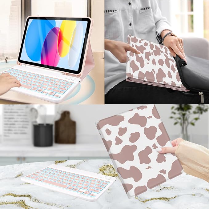 for Bluetooth Keyboard for iPad 10th Gen 10.9 inch (2022) case (A16) 11th / 10th Gen Case 11'' (2025) with 7-Color Backlights Pencil Holder Detachable Rechargeable - Black Cow