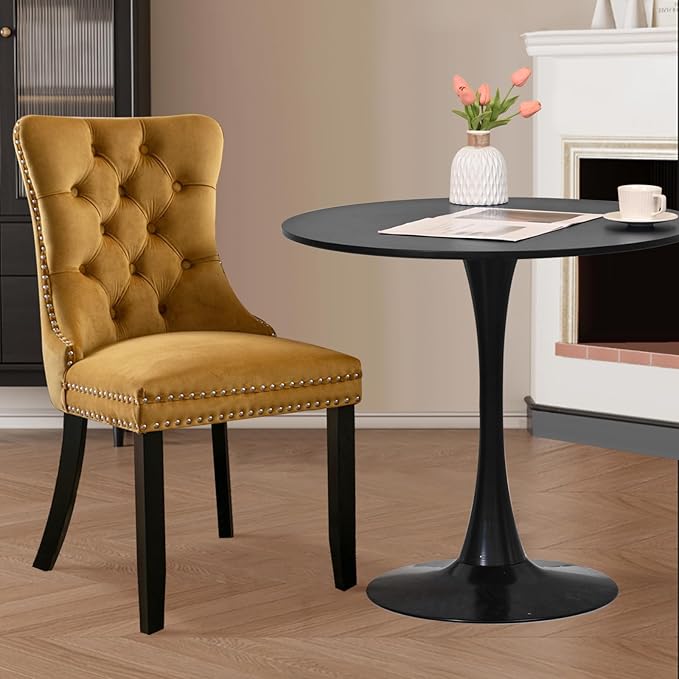 SoarFlash Kitchen Table and Chairs for 2, 31.5" Dining Table Set for 2 with Velvet Upholstered Chairs, 3 Piece Round Kitchen Table Set, Dining Room Table Set for Small Space, Apartment, Gold/Black