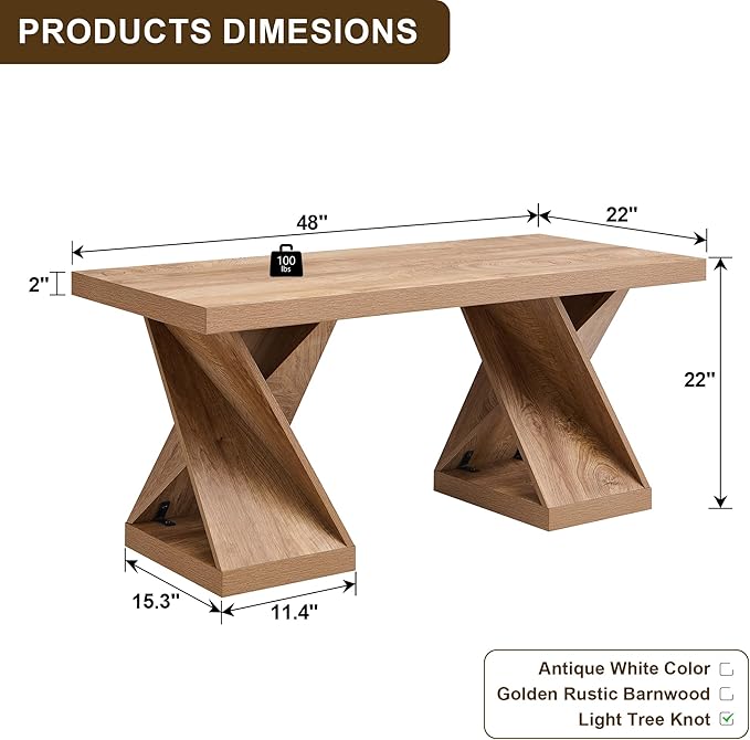 OKD Modern Coffee Table, 48" Twisted Center Table with Wood Thickened Pedestal, Rectangular Rustic Living Room Table, Farmhouse Storage Low Cocktail Tea Table, Light Tree Knot