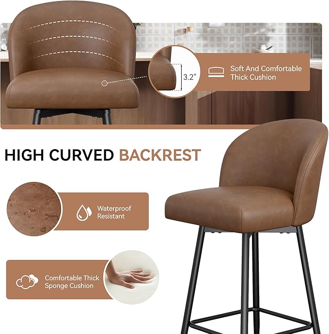 Counter Height Bar Stools Set of 4,360° Swivel Barstools with High Back and Metal Legs,26" Seat Height, Upholstered PU Leather Bar Chairs for Kitchen Island, Dining Room,Cafes,Yellow Brown