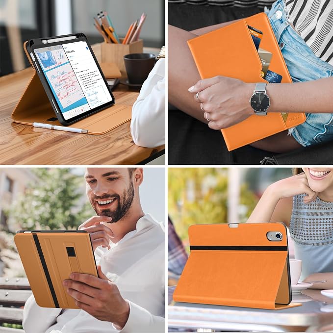 DTTO for iPad (A16) 11th Generation 11-inch &amp 10th Gen Case Brown | Premium Leather Business Cover with Pencil Holder Hand Strap &amp Pocket Corner Protection Auto Sleep/Wake for Work &amp
