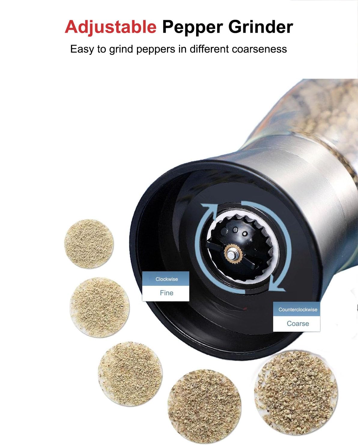 TooWoom Pepper Grinder Salt Grinder, 5 inch Stainless Steel Pepper Mill w/Adjustable Coarseness, Refillable Salt with Funnel, Cleaning Brush, Manual Pepper Grinder for Black Peppercorns