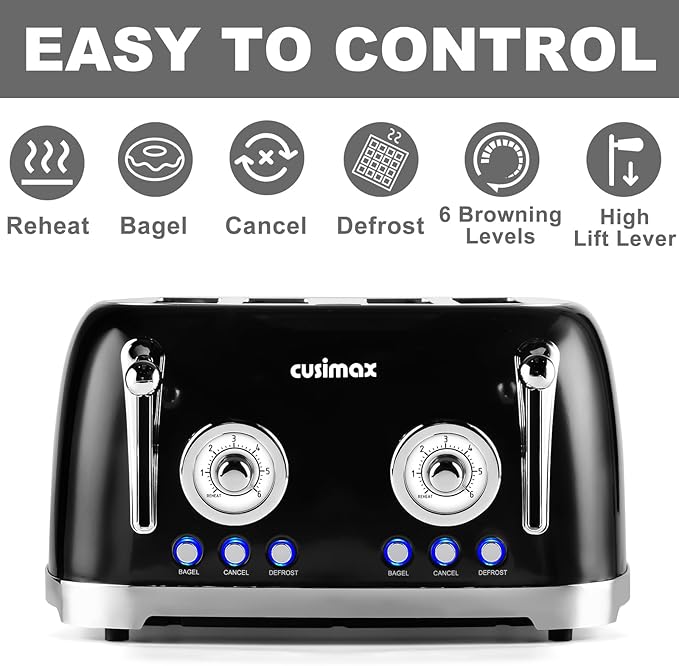 CUSIMAX Toaster 4 Slice with Wide Slots for Bagels, Black & Silver