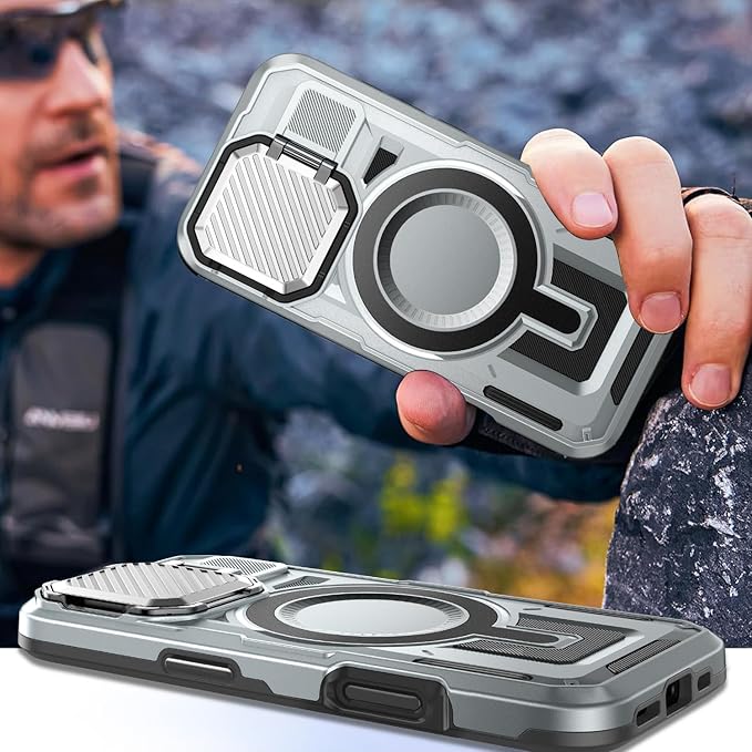 Camera Stand Case for iPhone 16 Plus, [Compatible with Mag Safe] [Lens Cover] 2024 Version Military Grade Protective Soft Case for iPhone 16 Plus 6.7 inch Men Women,Grey