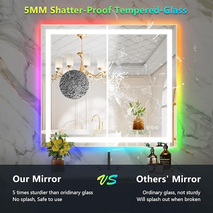 YEELAIT 40x36 Inch RGB LED Bathroom Mirror Front Light and RGB Backlit Lighted Vanity Mirror for Bathroom Wall Mounted Dimmable Anti Fog Memory Shatter-Proof IP54 Waterproof Horizontal/Vertical