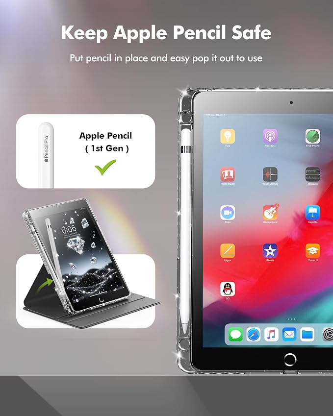 INFILAND Rotating Case for iPad 6th / 5th Generation (2018/2017) iPad 9.7 Inch Case iPad Air 2 / iPad Air 1 360 Rotating Cute Glitter Cover with Clear Back Pencil Holder (Black)