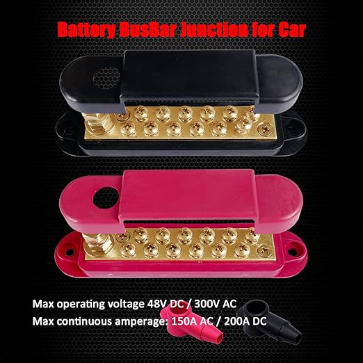 1/4" Stud Power Distribution Block Bus Bar with 12 x #8 Screws, Ampper 5.3" 12V 150A Marine BusBar Brass Battery Distribution Block W/Cover for Car Boat Solar (Red & Black)