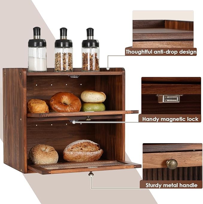 Sunhoo Bread Box for Kitchen Countertop Wooden Bread Storage Container Bin 2 Layer Breadbox Holder Large Capacity Keeper Vintage Farmhouse Food Organizer Pantry Shelf Acrylic Window (Brown)