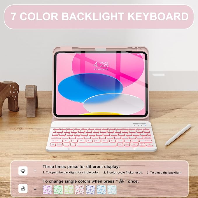 Soke for iPad (A16) 11th/10th Gen Case with Keyboard Black Marble | For iPad 11/10.9 inch(2025/2022) 7 Color Backlight Magnetic wireless Detachable Keyboard Case Built-in Pencil Holder