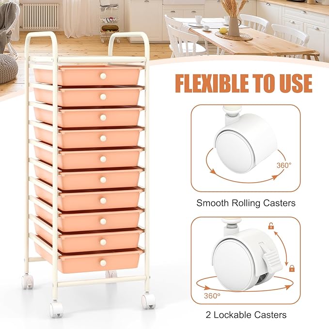 COSTWAY 10-Drawer Rolling Storage Cart, Utility Mobile Trolley with Removable Drawers & Universal Casters & 2 Brakes, Versatile Flexible Drawer Organizer Cart for Home, Office, Peach