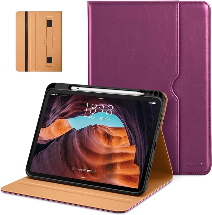DTTO for iPad (A16) 11th Generation 11-inch &amp 10th Gen Case Brown | Premium Leather Business Cover with Pencil Holder Hand Strap &amp Pocket Corner Protection Auto Sleep/Wake for Work &amp