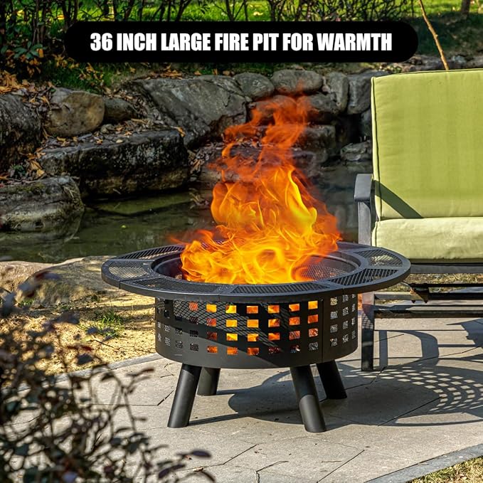 Verdeluxe 36 inch Outdoor Fire Pit with Grill,Wood Burning Fire Pits for Outside with Lid & Fire Poker,Metal 3-in-1 Firepit Table with Cooking Grate,Outdoor Firepit for Yard,Bonfire,Patio(Charcoal)