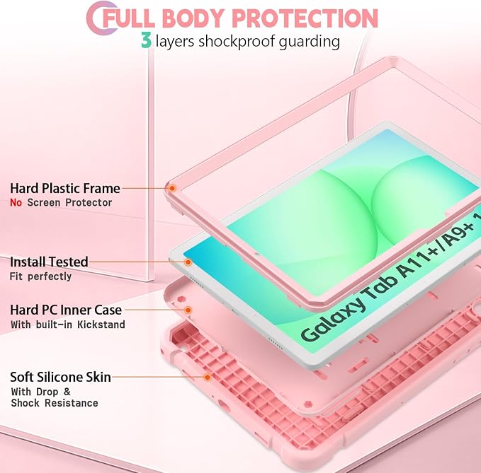 Shockproof Case for Samsung Galaxy Tab A11 Plus 11 inch 2026 with Built-in Kickstand 3 Layers Heavy Duty Protection Cover for Tab A9+ 10.9 2023 Blush Pink