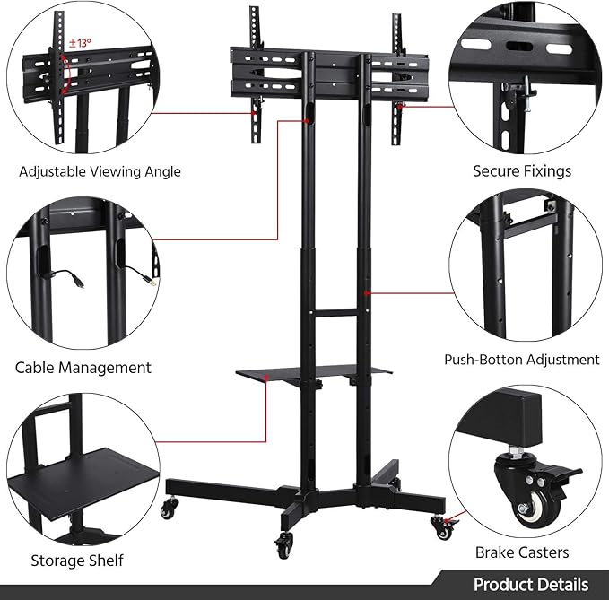 Yaheetech Mobile TV Stand with Wheels for 32-75 Inch LCD LED Screens TVs, Height-Adjustable Rolling TV Cart Hold up to 110 lbs, Trolley Floor Stand w/Tray, Max VESA 600x400mm