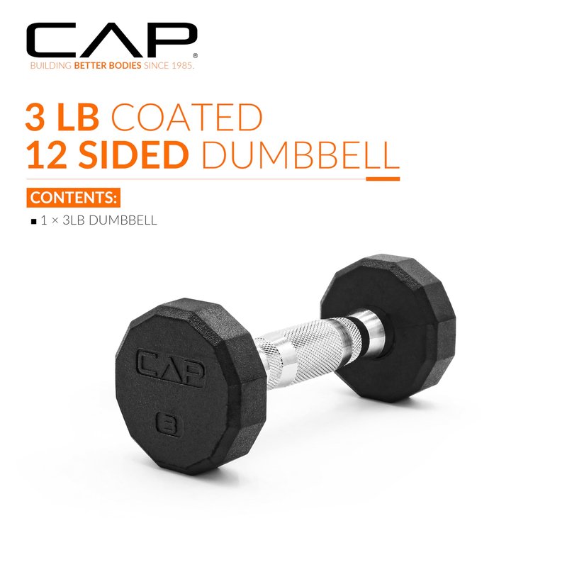 CAP 3 LB 12-Sided Rubber Coated Dumbbell Weight, Rubber Free Weights for Home Gym Strength Training, Chrome Handle, Single