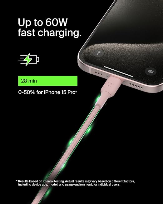 Belkin USB C to USB C Braided Cable 3.3ft iPhone Charger Cord | tangle-free braided cord iPhone 17/16 Samsung Galaxy S25 Pixel 9 MacBook iPad Pro Nintendo Switch 2 travel essential