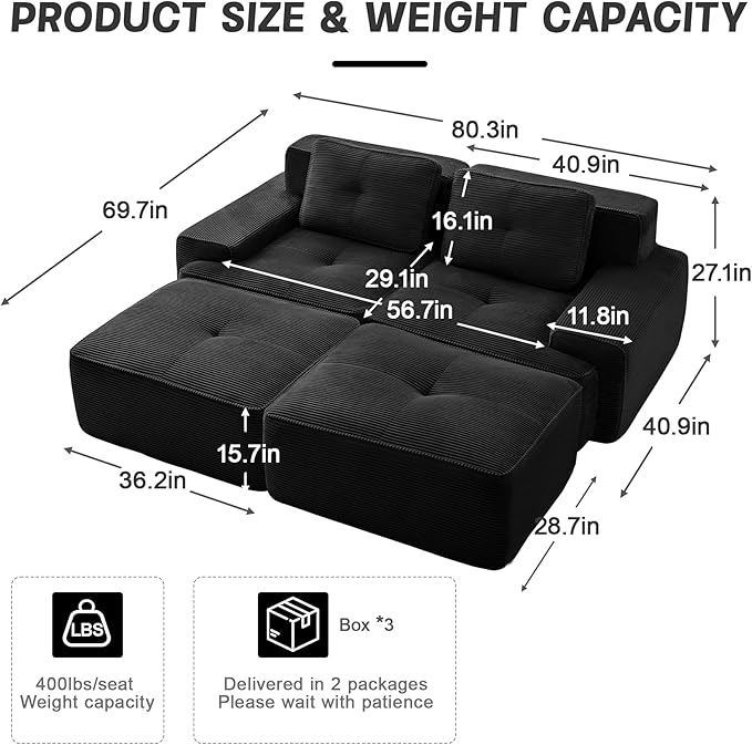 80" Modern Corduroy Boneless Love Seat Couches with 2 Ottomans, 2 Seater Large Sectional Couches for Living Room, Black Cloud Modular Sectional Sofa, Memory Foam, Extra Deep Loveseat, No Assembly