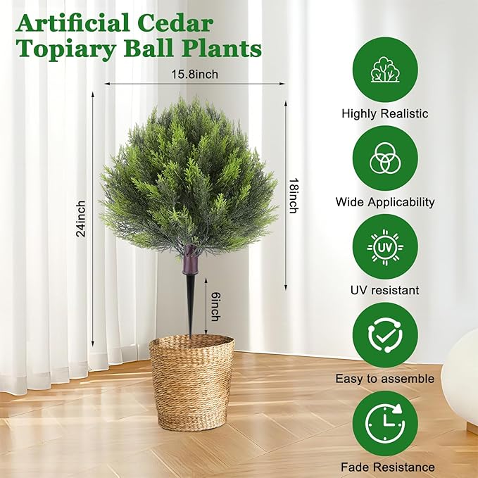 Set of 2 Artificial Cedar Heart Shape Topiary Tree with Realistic PE Leaves - Chartreuse Yellow (24"), UV Resistant Fake Plants for Outdoor & Indoor Garden, Front Porch & Balcony Decor