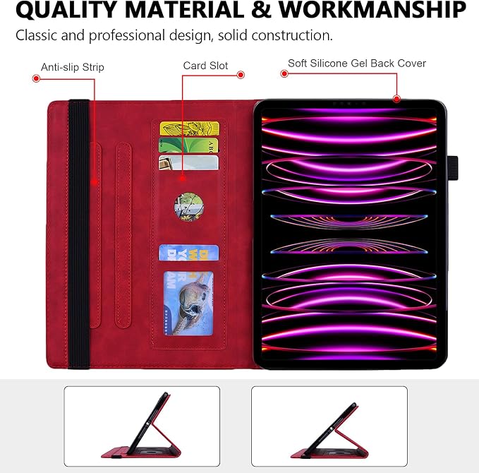 Folio Case for iPad Pro 11 2018-2022 iPad Air 11 2025/2024/Air 10.9 - Techcircle Stand Mandala Embossed PU Leather Soft TPU Cover with Elastic Strap Card Slots Pencil Holder - Pink