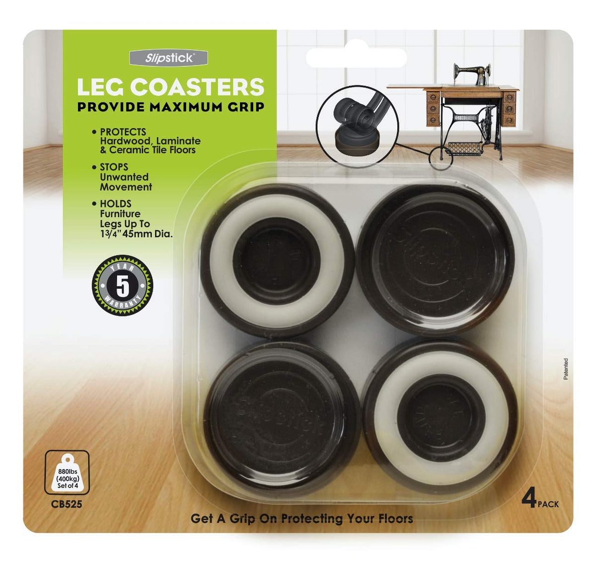 Slipstick CB525 1-3/4" Furniture Leg Coaster Cups / Floor Protectors (set of 4) Round, Chocolate Color