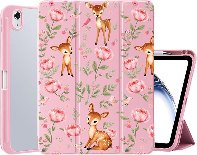 Cute Deer Fawn Rose Flowers Case for iPad 9th/8th/7th Generation | Cute Designs Cover for iPad 10.2 2021/2020/2019 Gen with Pencil Holder | Slim Clear Acrylic Back Auto Sleep/Wake Shell