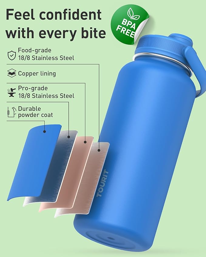 TOURIT 40 oz Insulated Water Bottle, Stainless Steel Sports Water Bottles With Top Handle, Double-Wall Travel Thermal Water Flask, BPA Free Leakproof Water Bottle for Sports, Midnight Blue