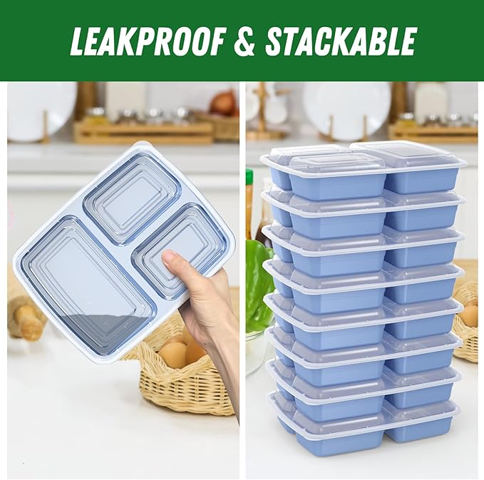 50 Pack (100-Piece) 32 oz Meal Prep Containers Reusable with Lids 3-Compartment, To Go Take Out Plastic Food Storage Containers, Sturdy Leakproof Food Safe, Microwave Freezer Dishwasher Safe, Blue