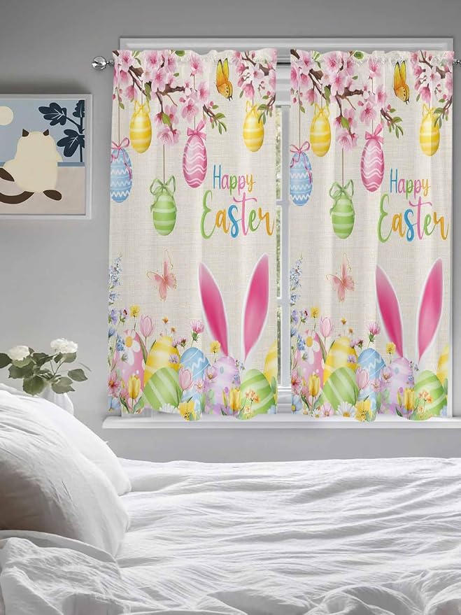 Happy Easter Living Room Curtains 72 Inches length, Spring Farmhouse Bunny Eggs