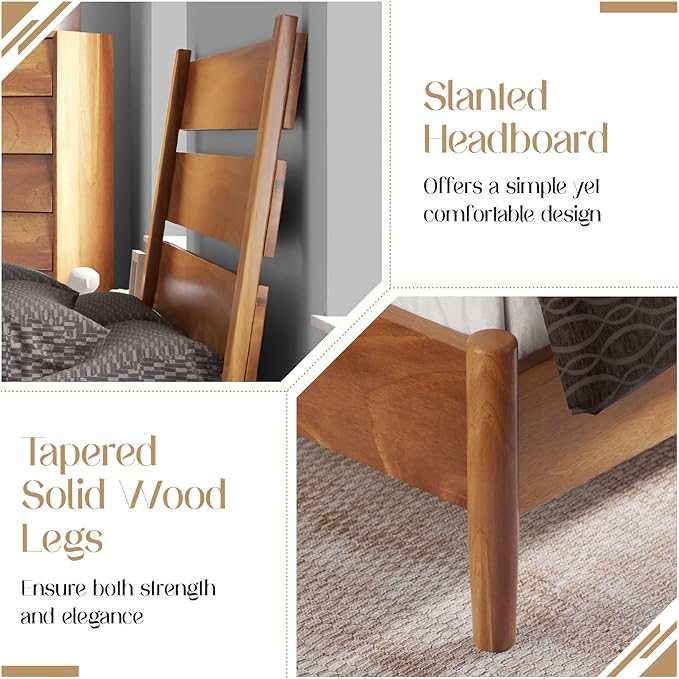 VanAcc Solid Wood Full Bed Frame, Platform Bed with Reclining Slatted Headboard, Mid Century Bed Frame with Wood Slat Support, Light Brown