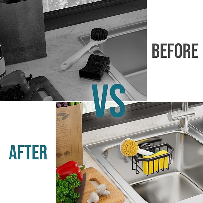 TAILI Sponge Holder with Strong Suction Cup, Dish Sponge Caddy Inside Sink Removable, Rustproof Aluminum for Sponges, Brushes, Stoppers and Scrapers - Black
