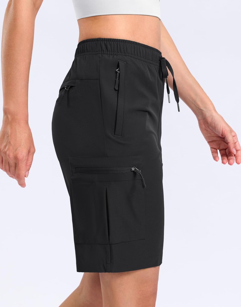 SANTINY Women's 7"/9" Lightweight Hiking Cargo Shorts with 5 Zipper Pockets Quick Dry Summer Long Travel Golf Short for Women (Black_XL)