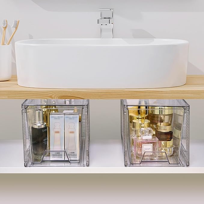 JollyPack 2 Pack Clear Stackable Storage Drawers, Easy to Assemble Multi-Use Bathroom Organizers and Storage, Suitable for Vanity, Bathroom, Makeup, Under Sink, Office, Kitchen and Pantry