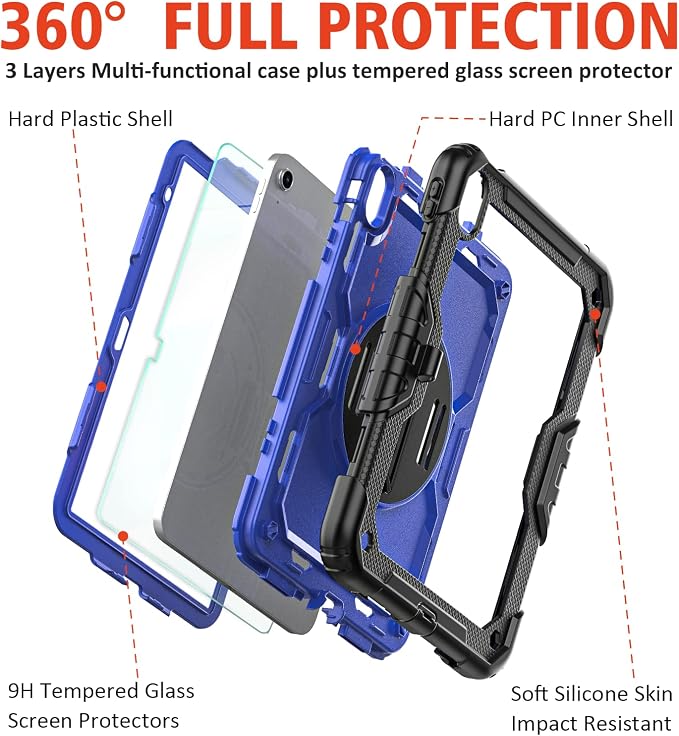 Ambison Case for iPad (A16) 11th/10th Generation 11''/10.9'' Black | Hand Strap 9H Tempered Glass Screen Protector Rotating Stand Shoulder Strap Heavy Duty Shockproof Pencil Holder