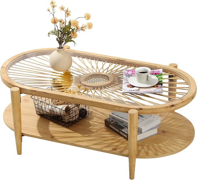 RUSTOWN Rattan Coffee Tables,2-Tier Oval Boho Cocktail Tables, Mid Century Modern Coffee Table with Rattan & Tempered Glass Top and Wood Legs, Sofa Table for Living Room(Natural)
