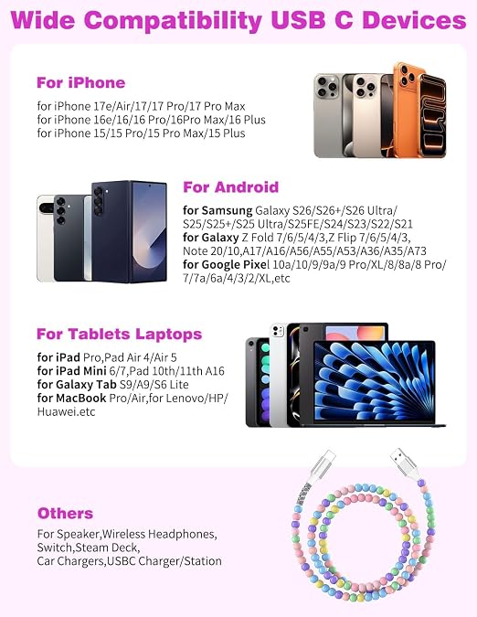 Jelanry 3FT USB-A to USB-C Fast Charging Cable Beaded &ampData Sync Women Girl | Cute kawaii beaded cable for iPhone 17/16/15 Samsung S26/S25/S24 Pixel iPad Fast charge for daily use office &amp tra